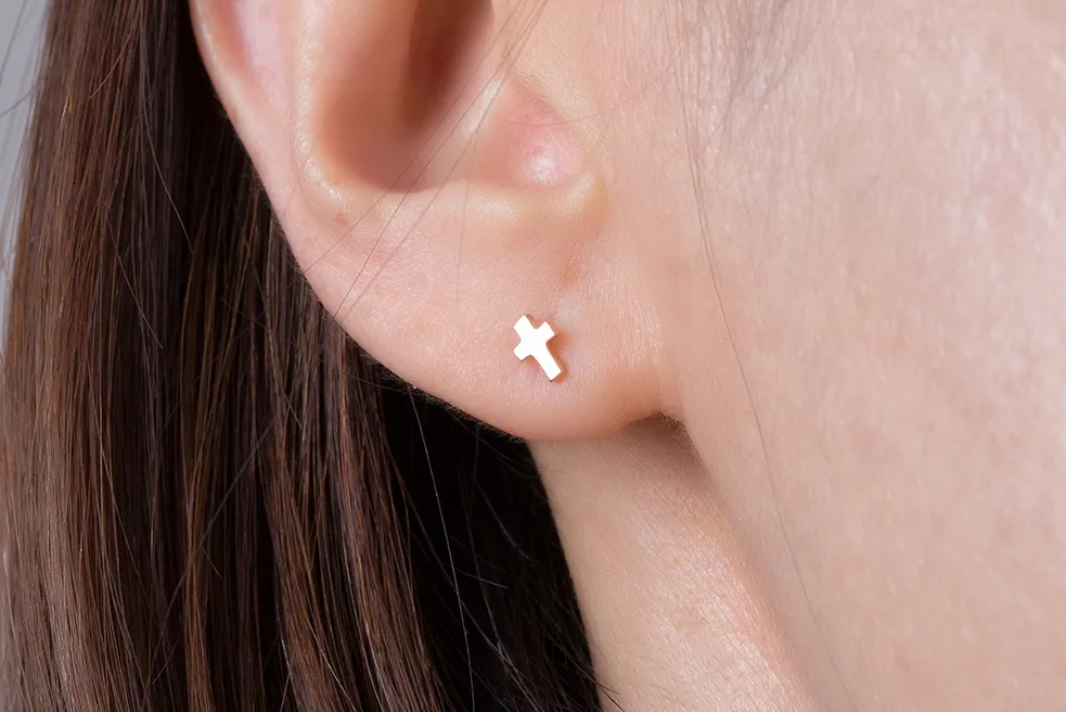 14k Solid Gold 3.5mm Cross Helix Tragus Cartilage Internally Internally Threaded Flat Back Labret Earring