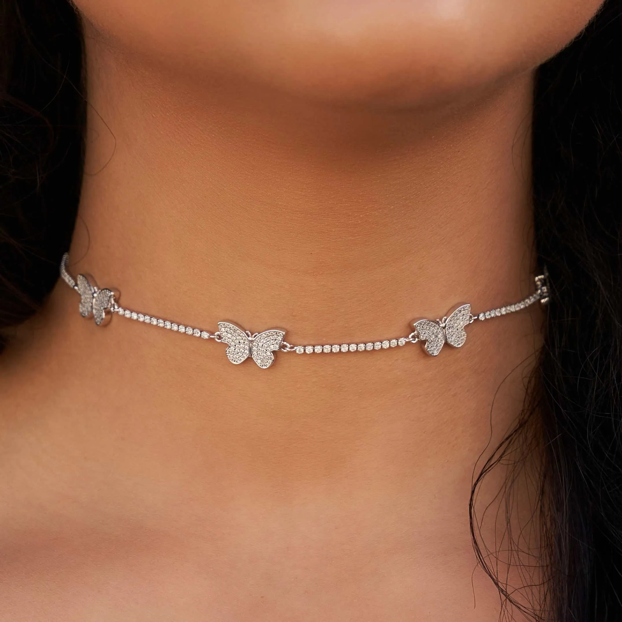 2-in-1 Micro Butterfly Necklace in White Gold