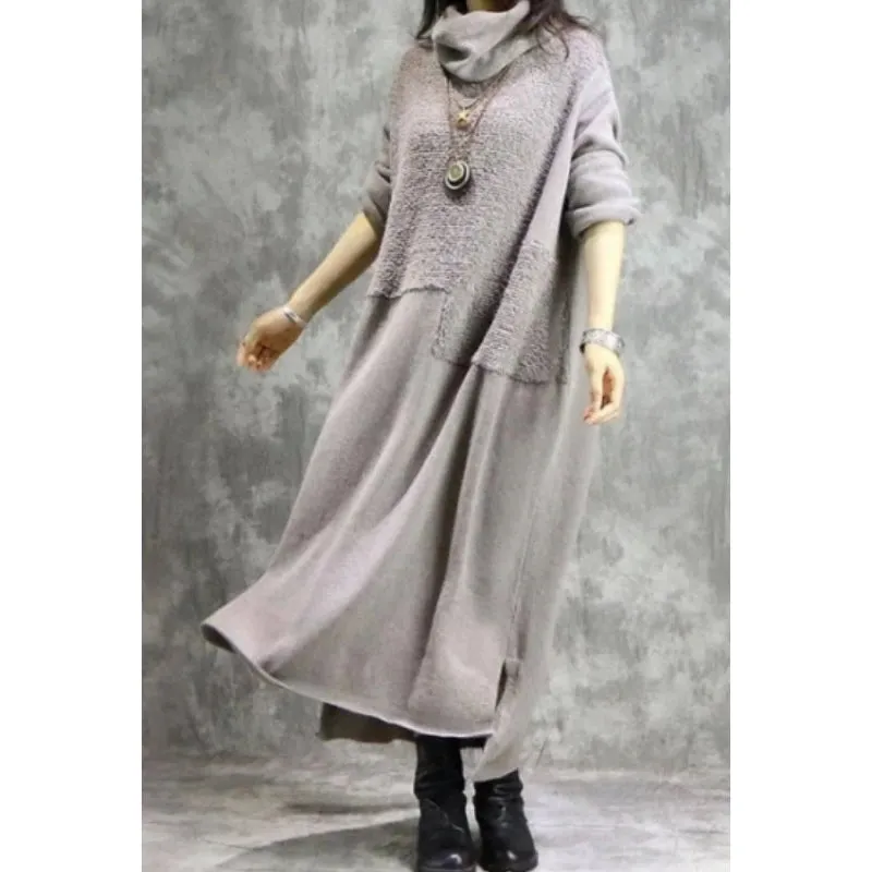 2024 Spring Women's Winter Dress Fleece Gray Long Sleeve Oversize Long Dresses Female Warm Sweatshirt Dresses Clothing Ladies