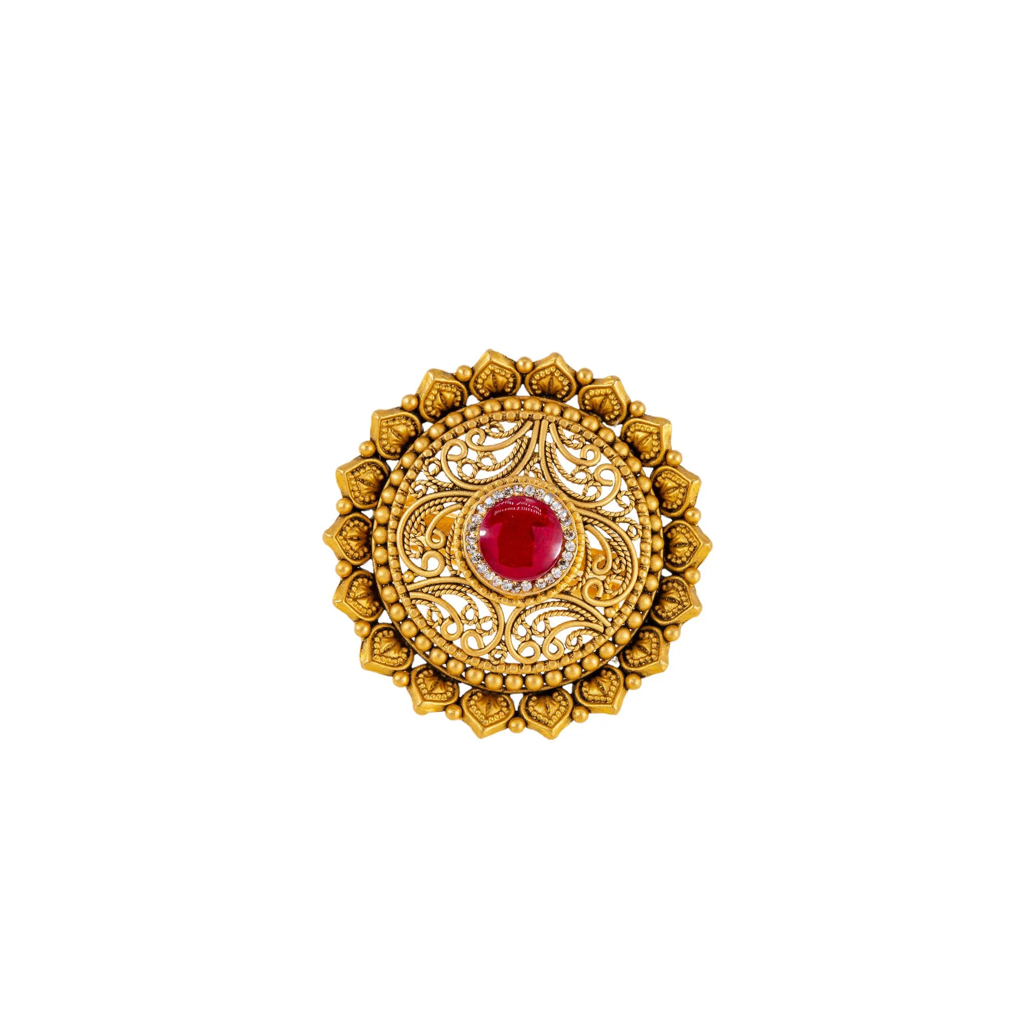 22K Antique Gold, CZ & Ruby Cocktail Ring (9gm)