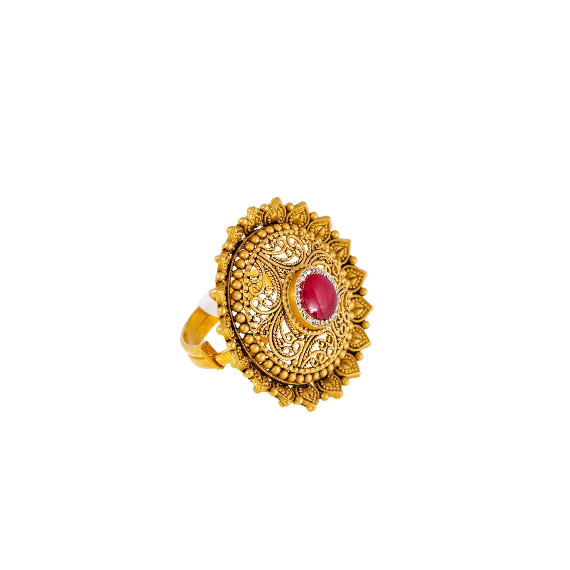 22K Antique Gold, CZ & Ruby Cocktail Ring (9gm)