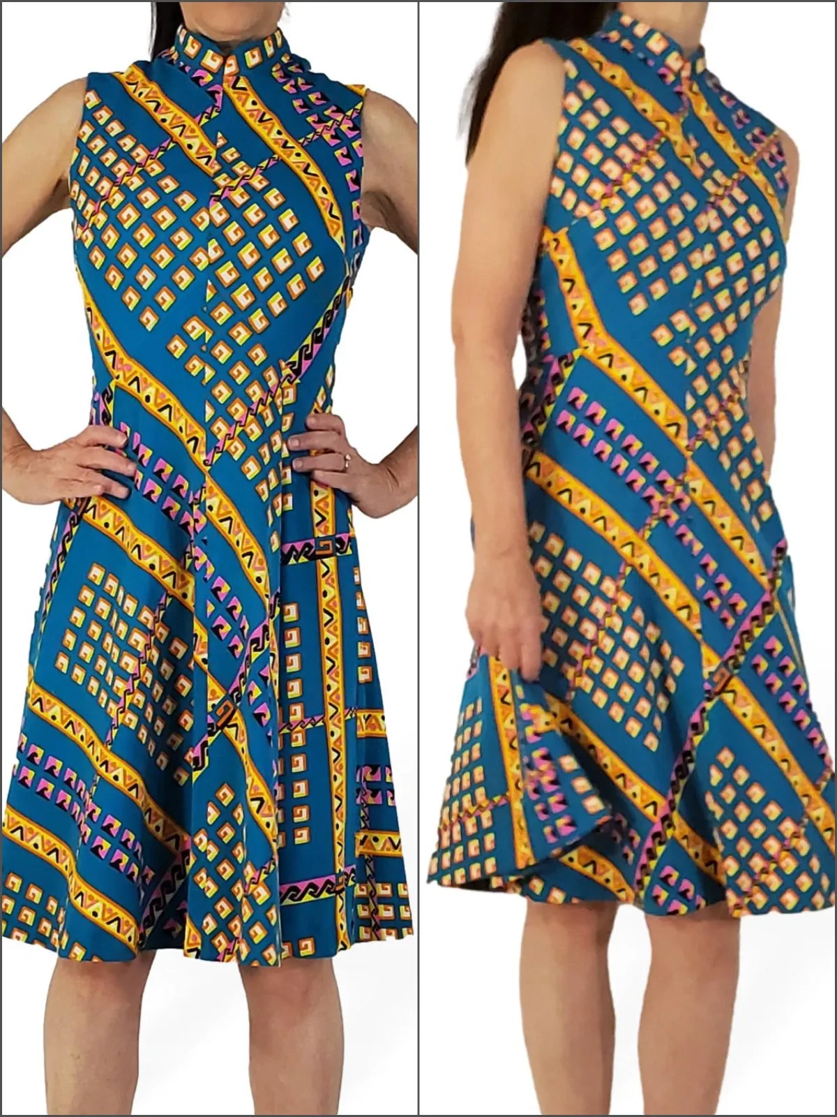 70s Sleeveless A-line Dress in Bright Op Art Print on Teal - sm, med