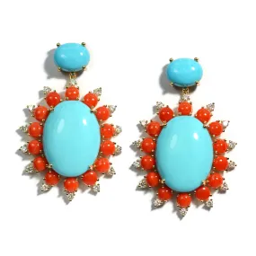 A & Furst - Sole - Drop Earrings with Natural Arizona Turquoise, Natural Coral and Diamonds, 18k Yellow Gold