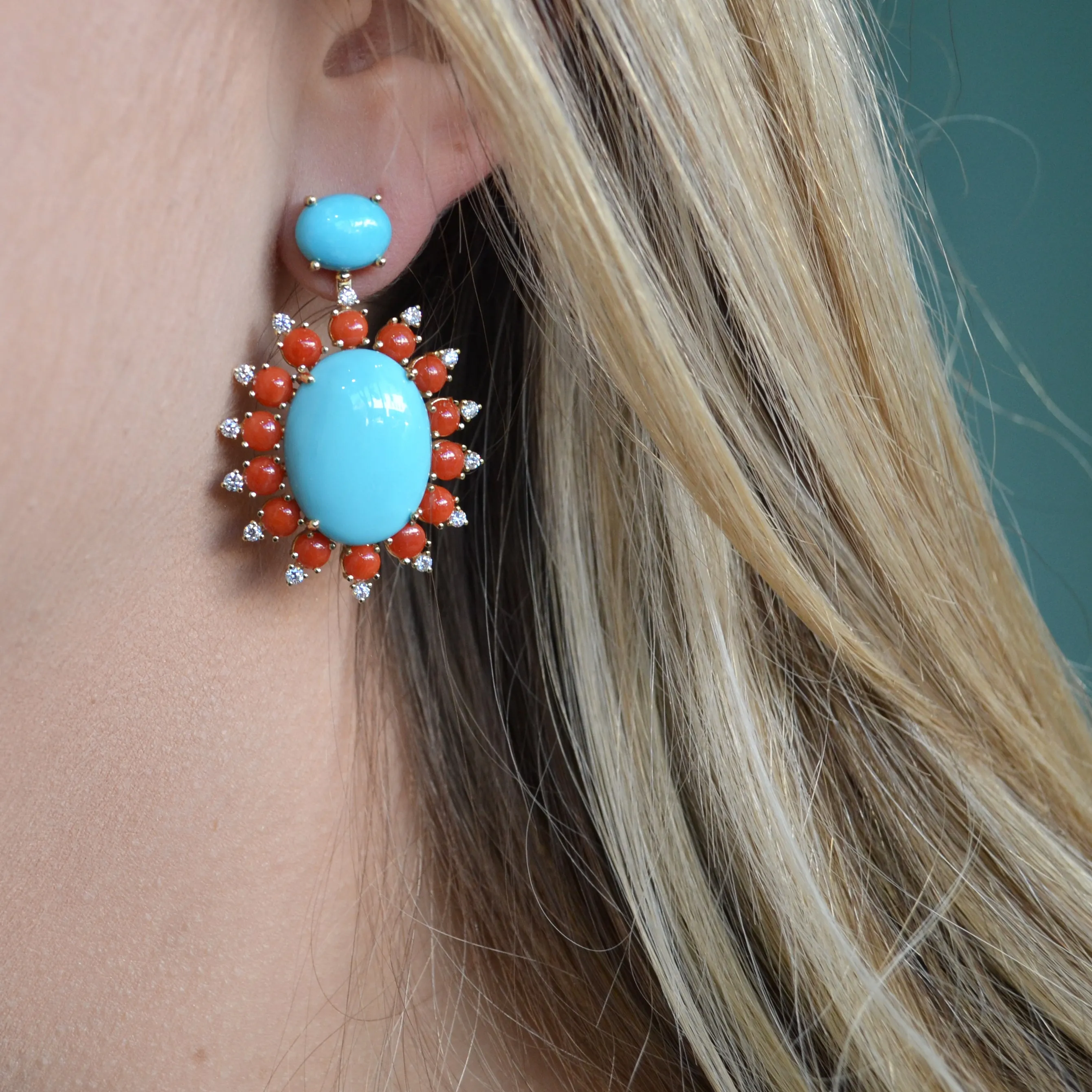 A & Furst - Sole - Drop Earrings with Natural Arizona Turquoise, Natural Coral and Diamonds, 18k Yellow Gold