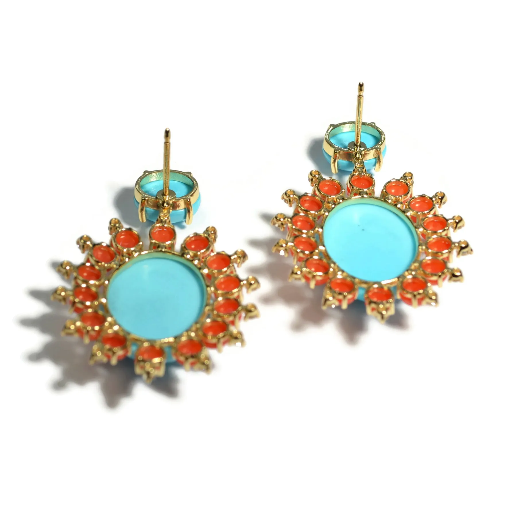 A & Furst - Sole - Drop Earrings with Natural Arizona Turquoise, Natural Coral and Diamonds, 18k Yellow Gold