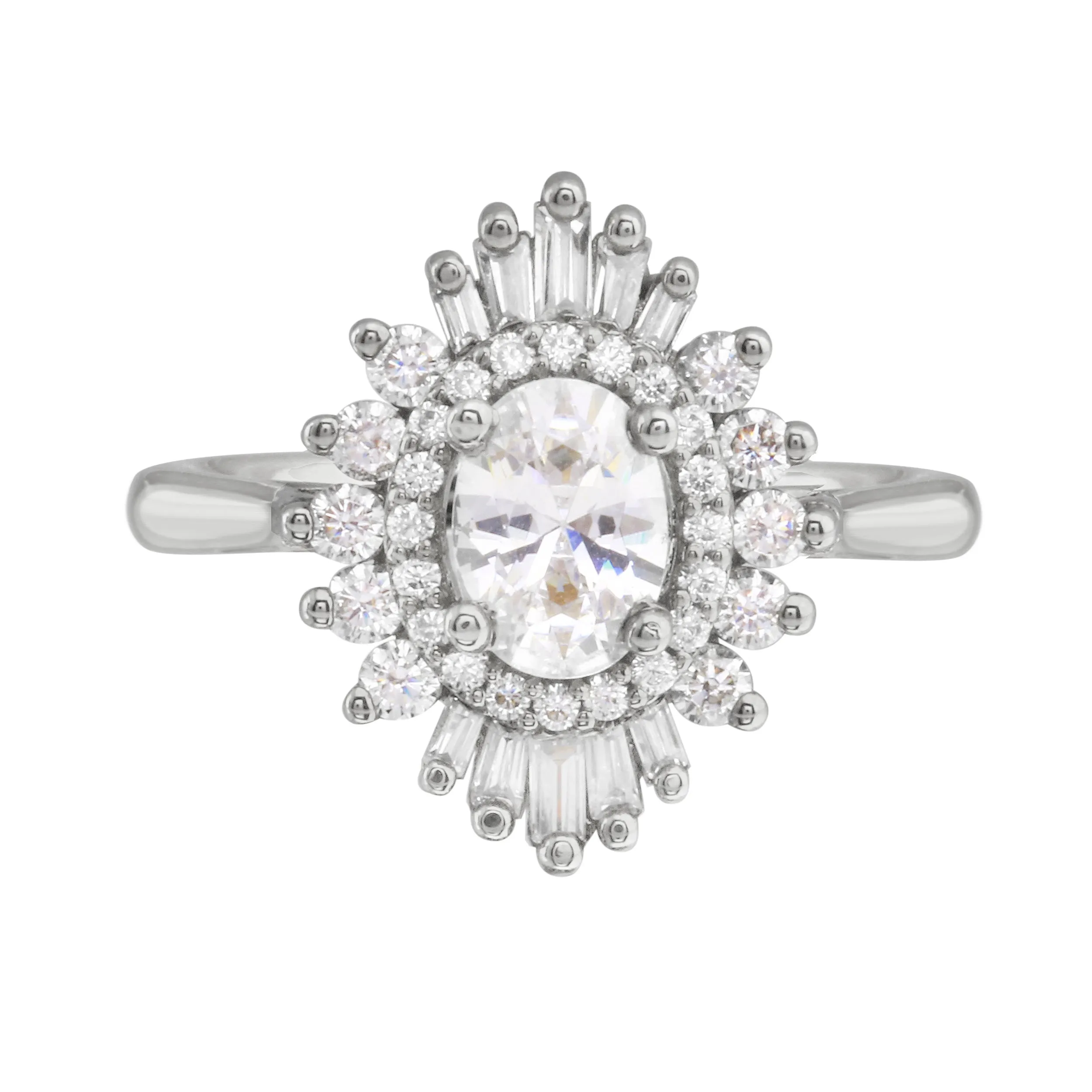 Baguette and Round Diamond Starburst Halo Engagement Ring