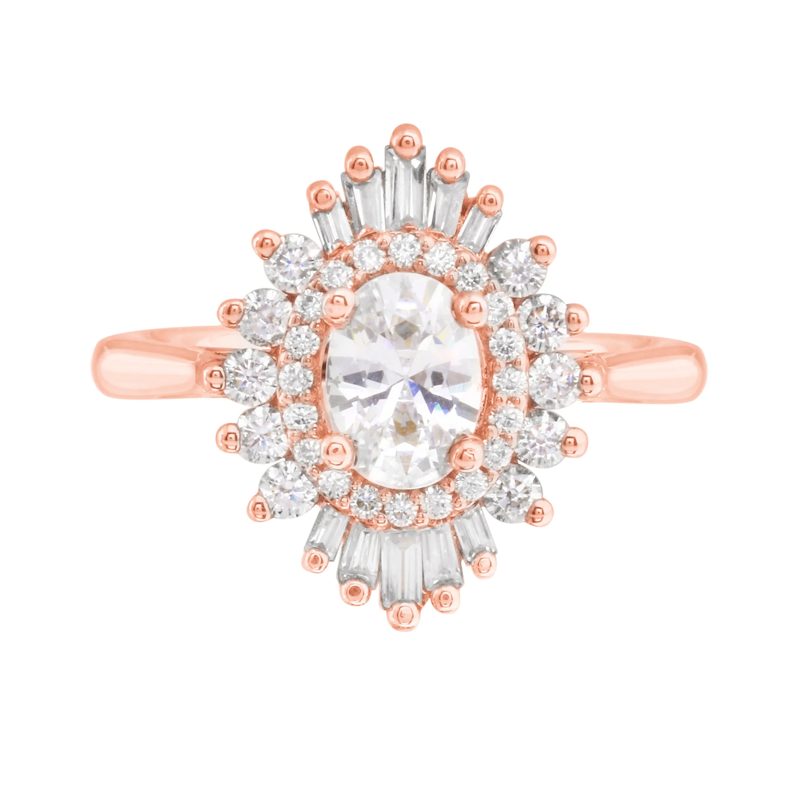 Baguette and Round Diamond Starburst Halo Engagement Ring