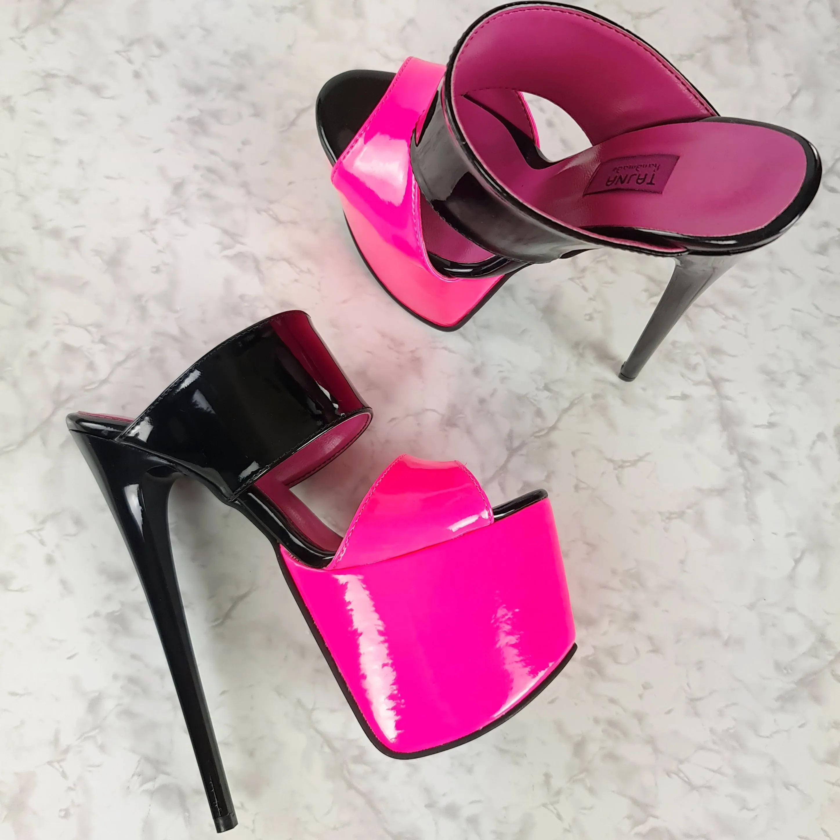 Black Neon Pink Gloss Double Strap Mules