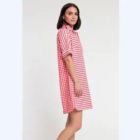 Coral & White Striped Short-Sleeved Dress