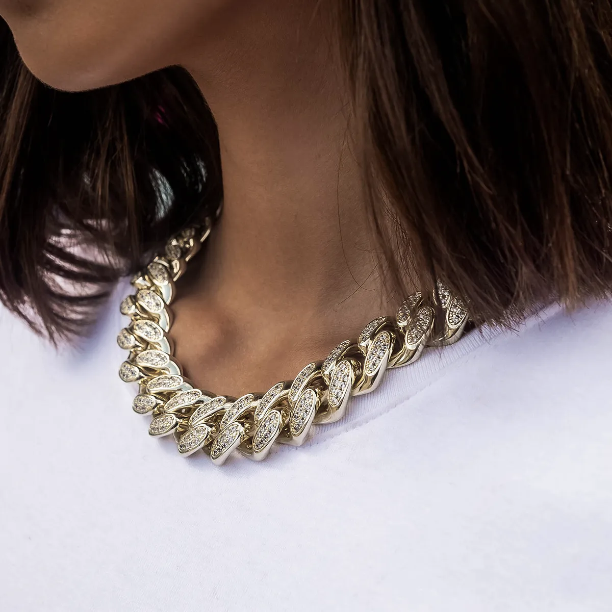 Diamond Cuban Link Chain in Yellow Gold- 19mm