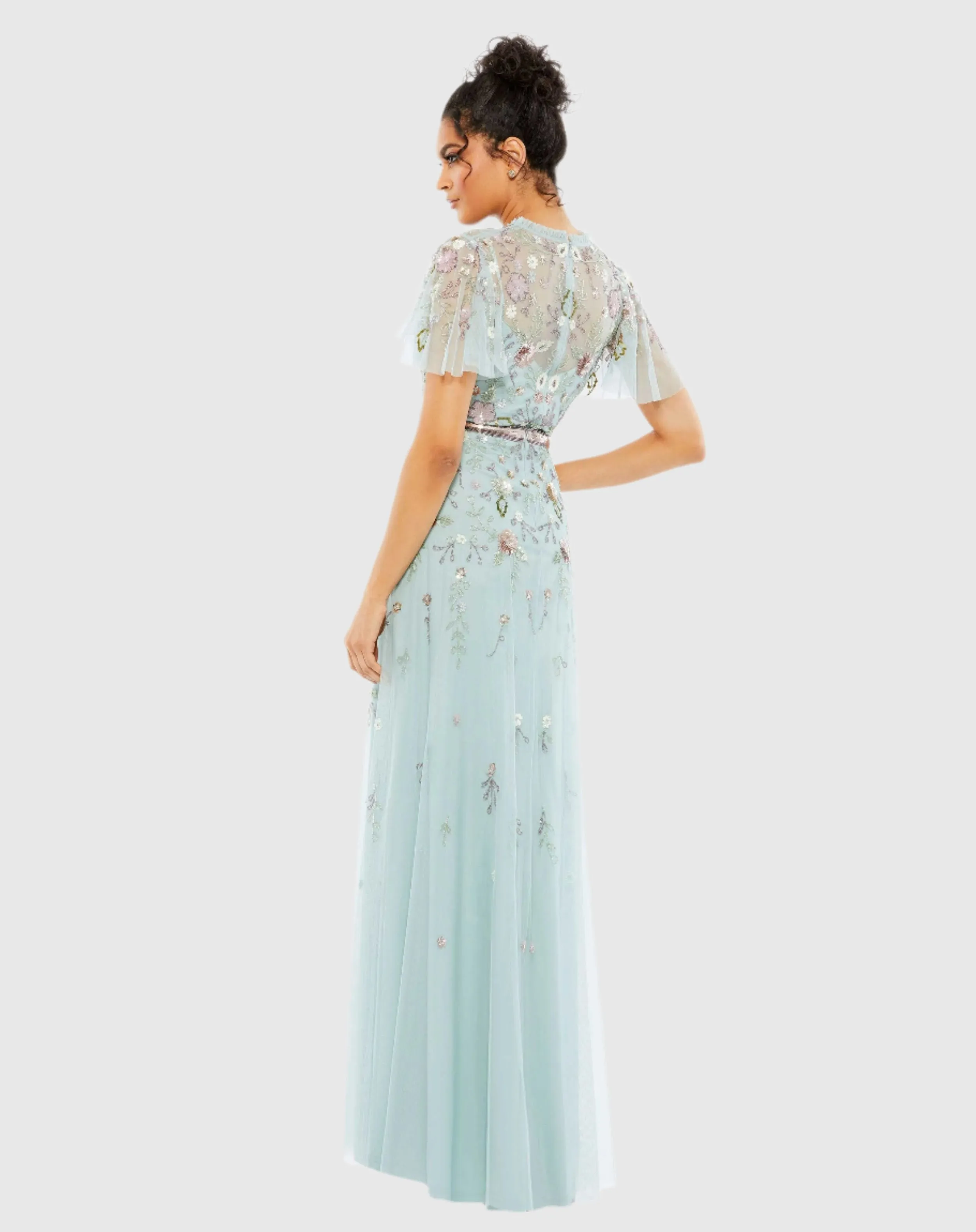 Embellished High Neck Butterfly Sleeve Gown