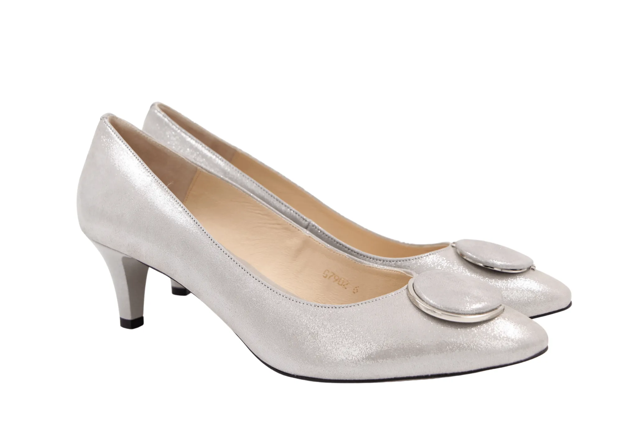 EMIS Silver Shimmer  mid heel shoe with Button