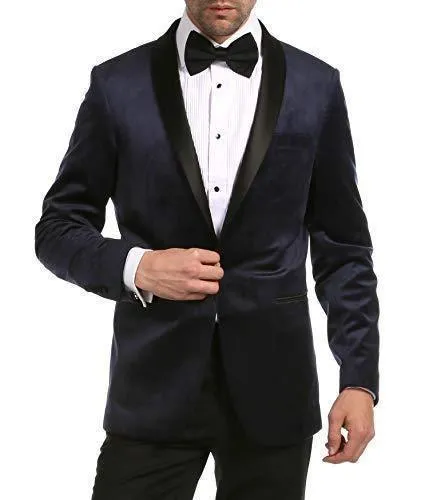 Enzo Collection-Navy Velvet Slim Fit Shawl Lapel Tuxedo Men's Blazer