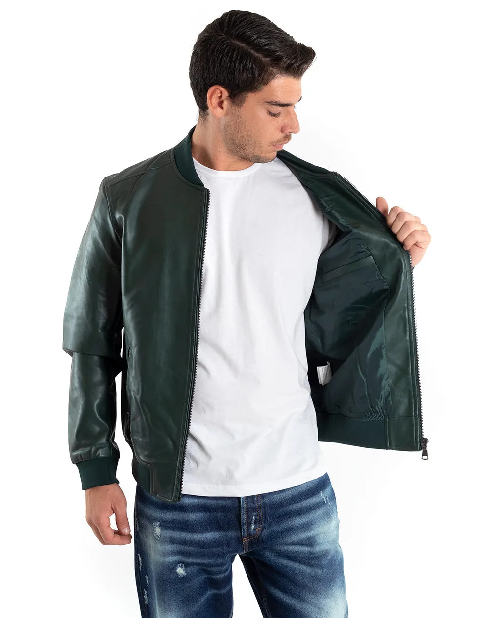 Giubbotto Uomo Giacca College Ecopelle Tinta Unita Verde Casual GIOSAL-G2866A