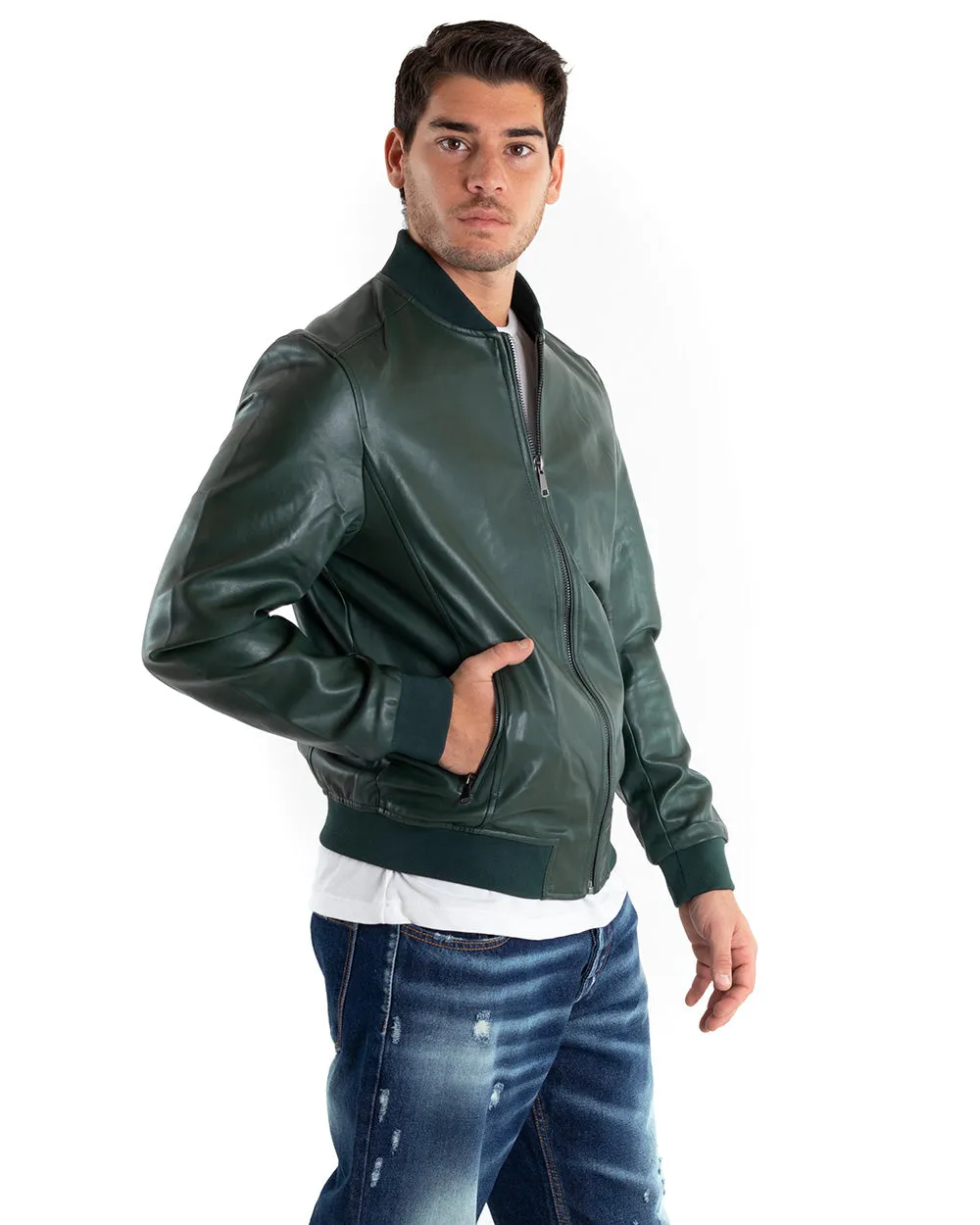 Giubbotto Uomo Giacca College Ecopelle Tinta Unita Verde Casual GIOSAL-G2866A