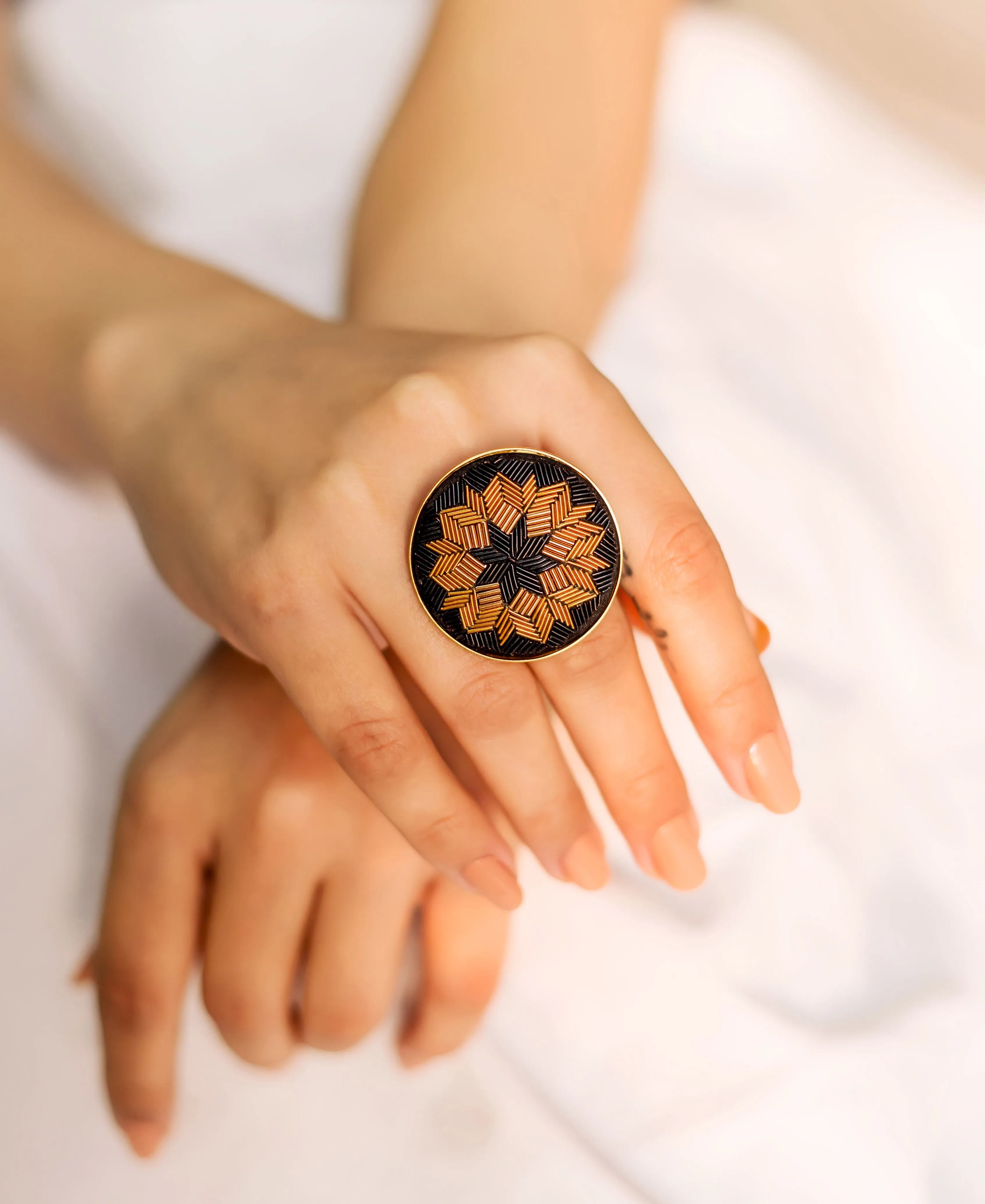 Hand Embroidered Black And Copper Grand Ring