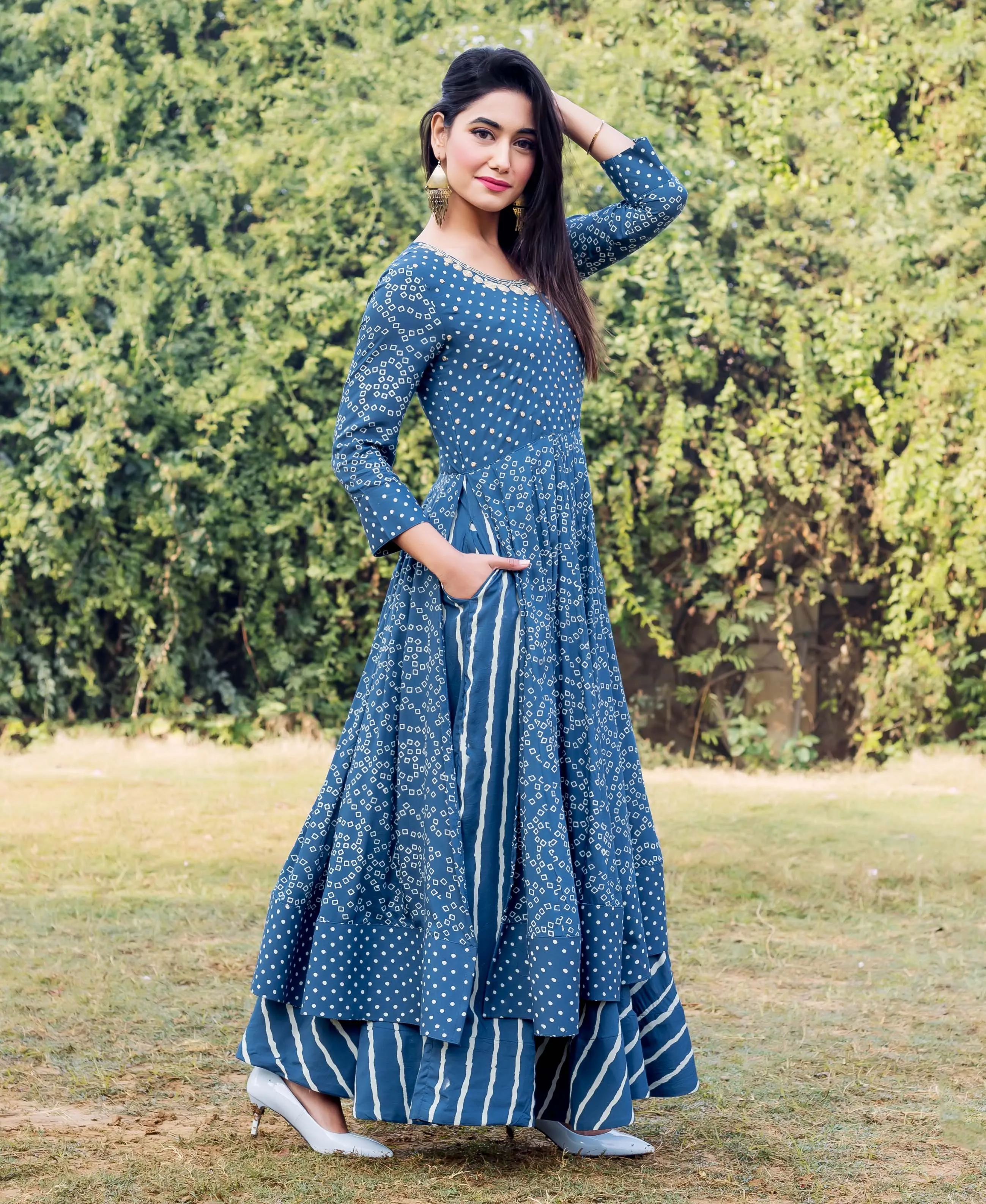 Indigo and White Printed Embroidered Layered Dress