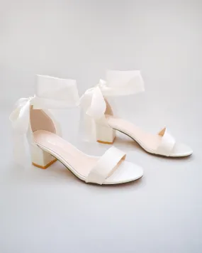 Ivory Satin Block Heel Sandal with Wrapped Satin Tie