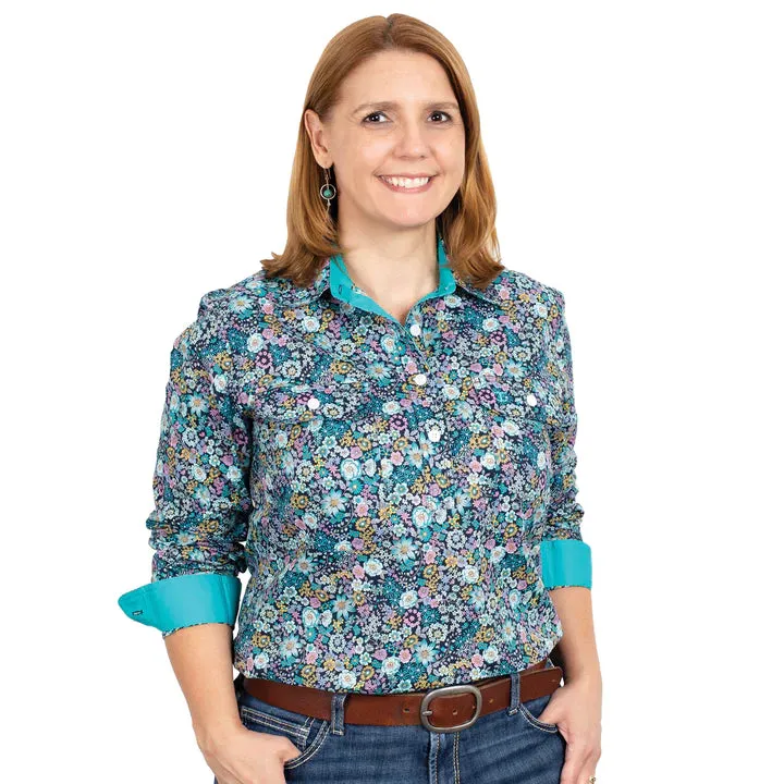 Ladies Just Country Georgia 1/2 Button Shirt -  Turquoise Garden