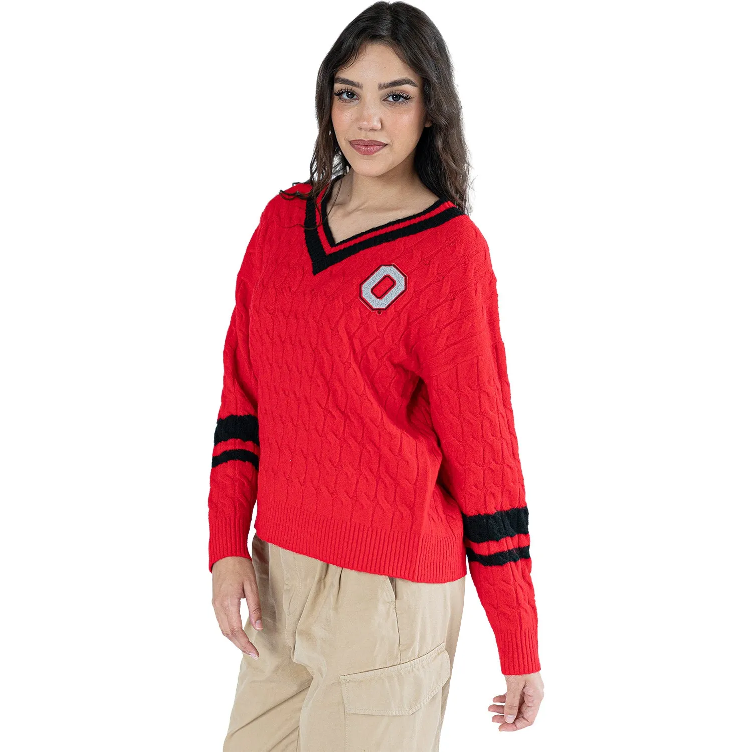 Ladies Ohio State Buckeyes Lusso Cable Knit V-Neck Sweater