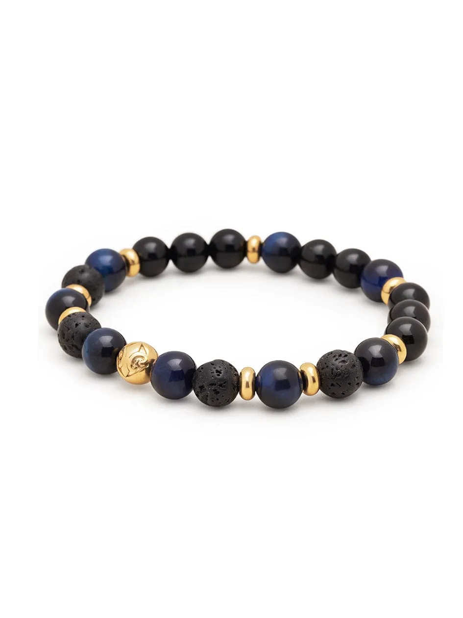 Men's Wristband with Blue Tiger Eye, Black Agate, Lava Stone and Gold