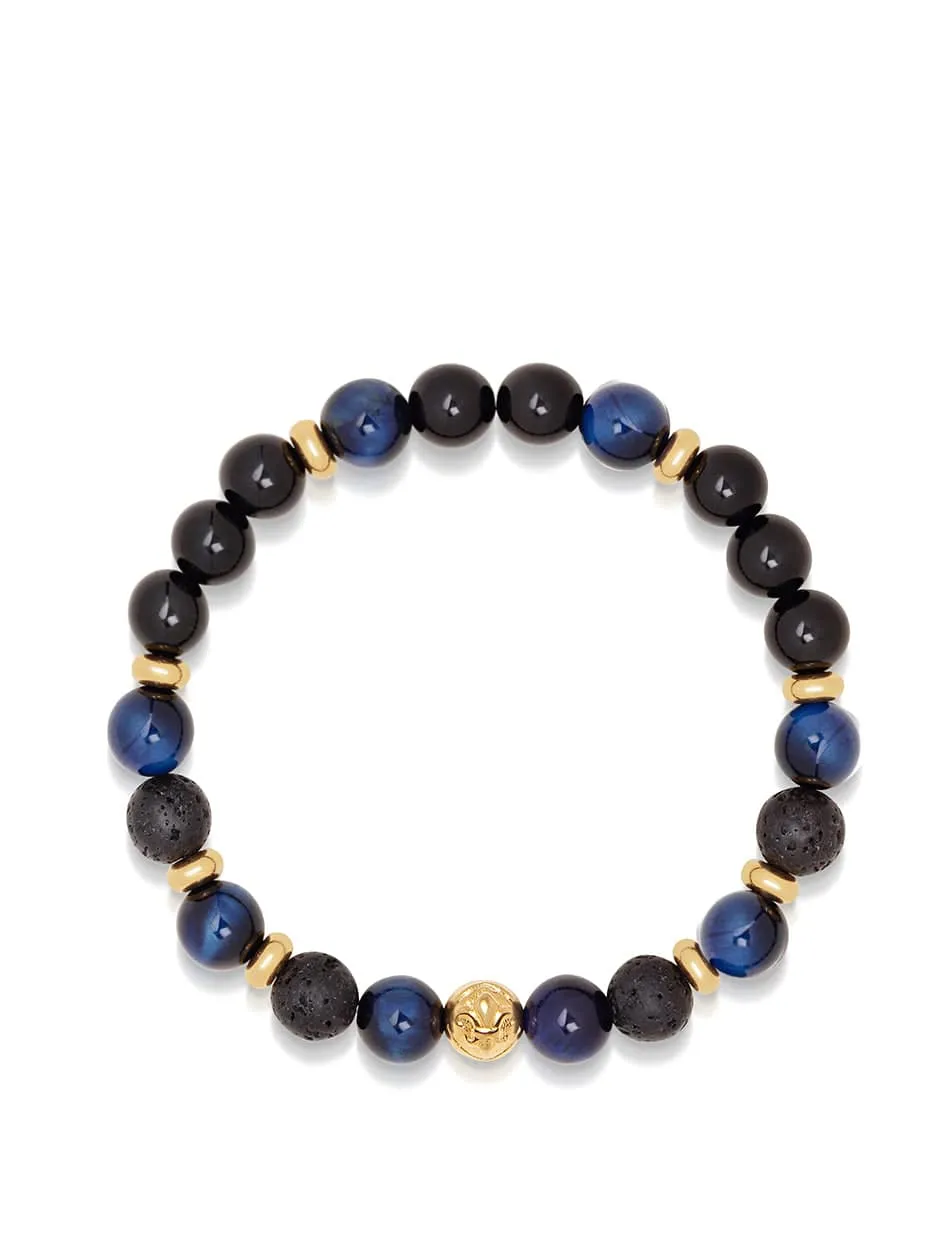 Men's Wristband with Blue Tiger Eye, Black Agate, Lava Stone and Gold