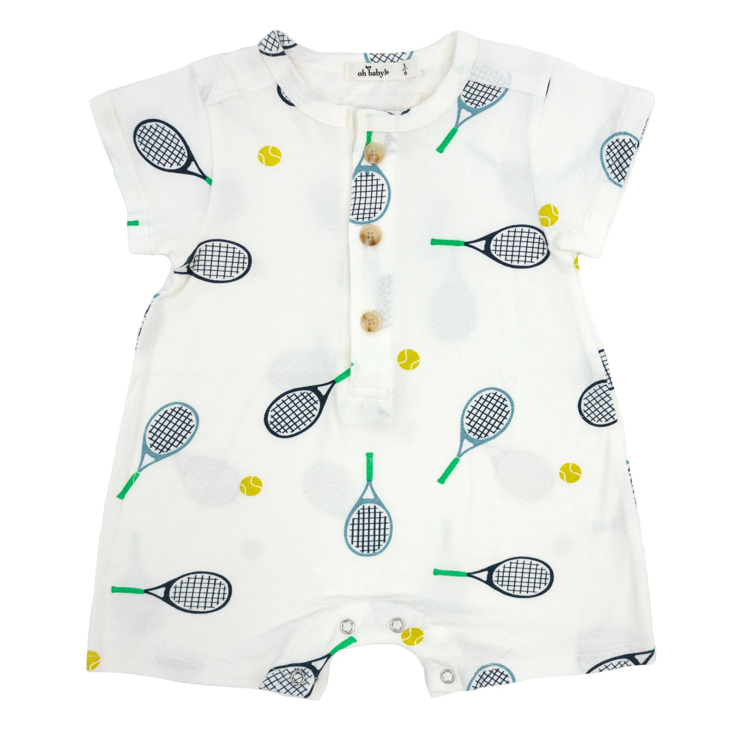 oh baby! Short Sleeve Button Neck Romper - Tennis Print - Oyster