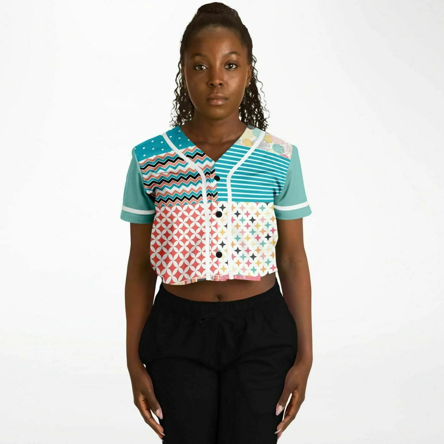 Old Miami Geo Patchwork Cropped Button Front Jersey