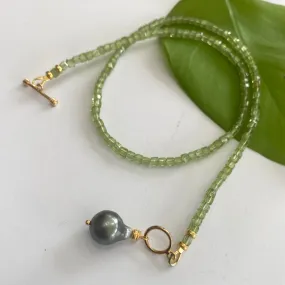 Peridot Toggle Necklace & Tahitian Baroque Pearl Pendant, Gold Vermeil, 16.5inches, August Birthstone