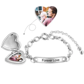 Personalized Women's Heart Locket Photo Bracelet Engraved - Mom Bracelet or Couples Bracelet