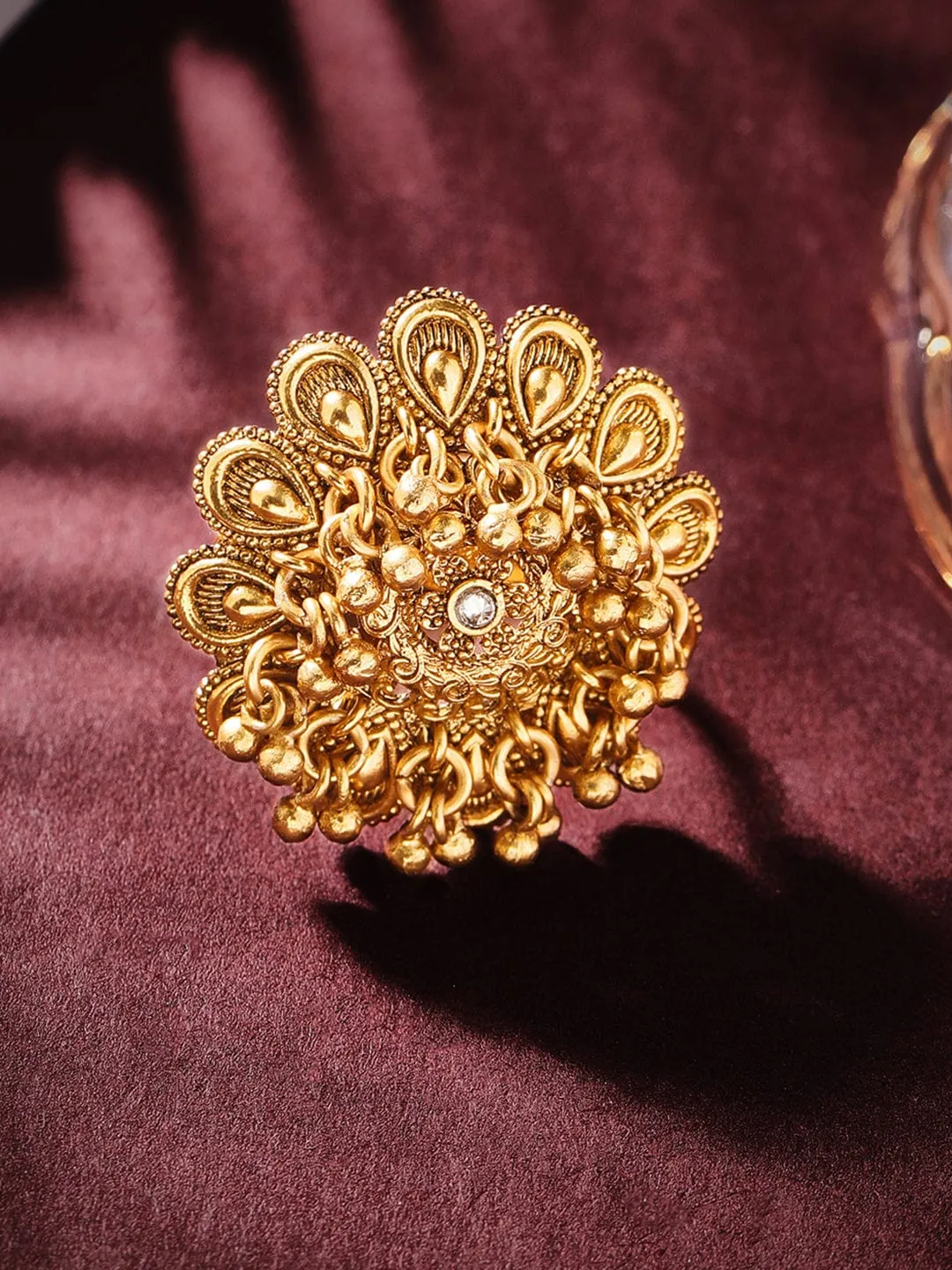 Rubans Luxury 22K Pure Gold Plated Tiny Ghungroo Detailed Temple Ring.