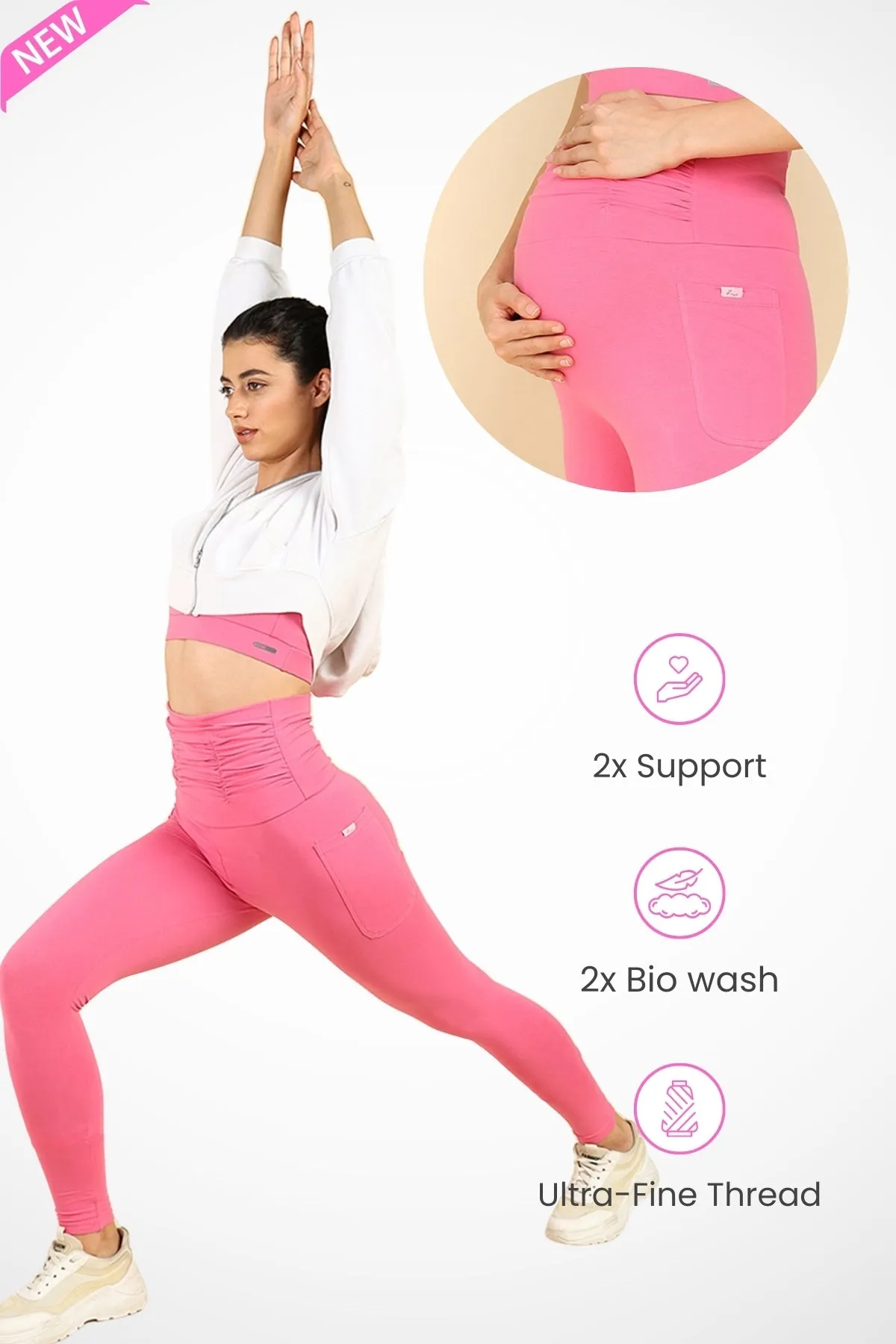 Ruched Cotton Pink Maternity Legging (Pregnancy & Postpartum)