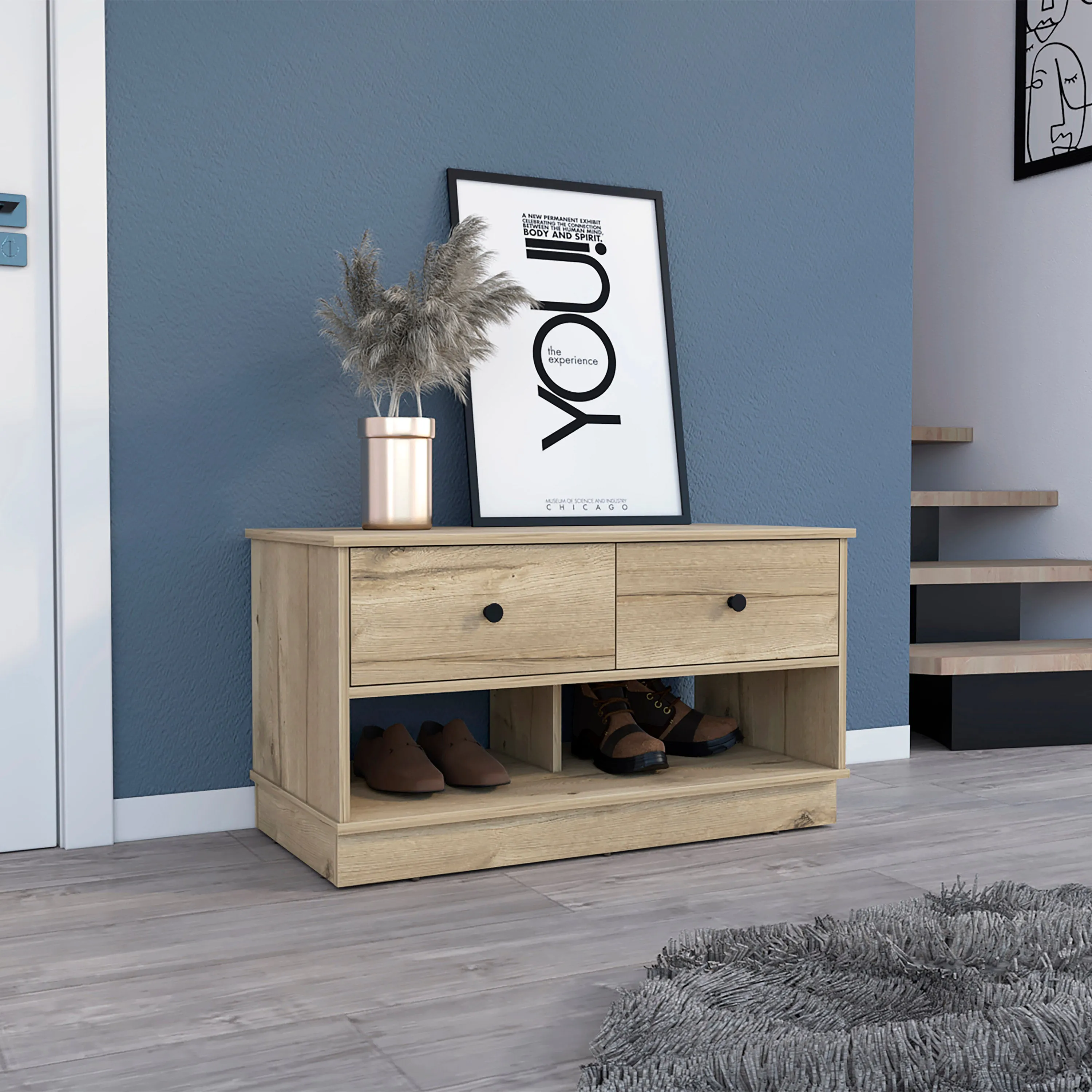 Storage Bench Beji Lower Shelf Two Drawers Light Oak