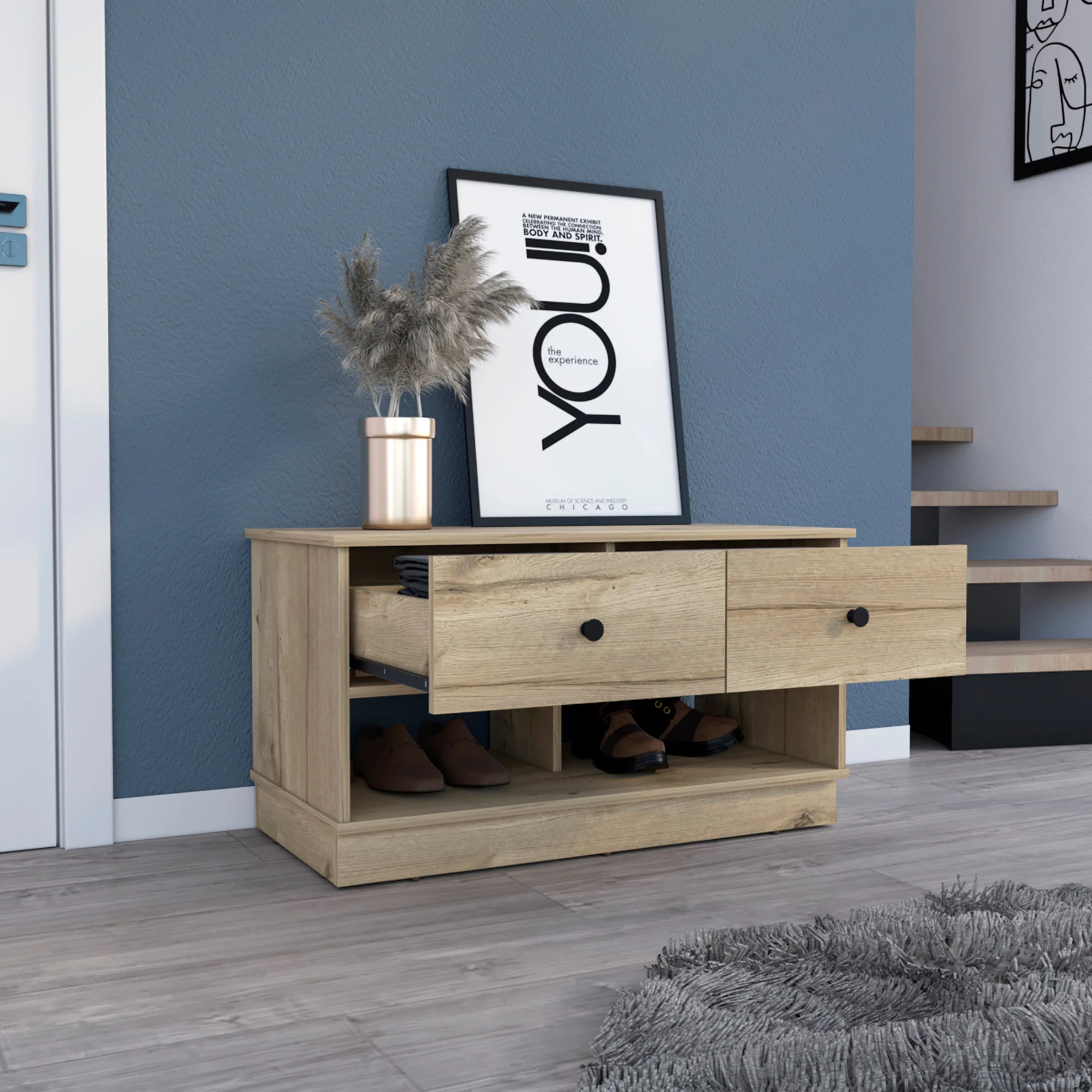 Storage Bench Beji Lower Shelf Two Drawers Light Oak