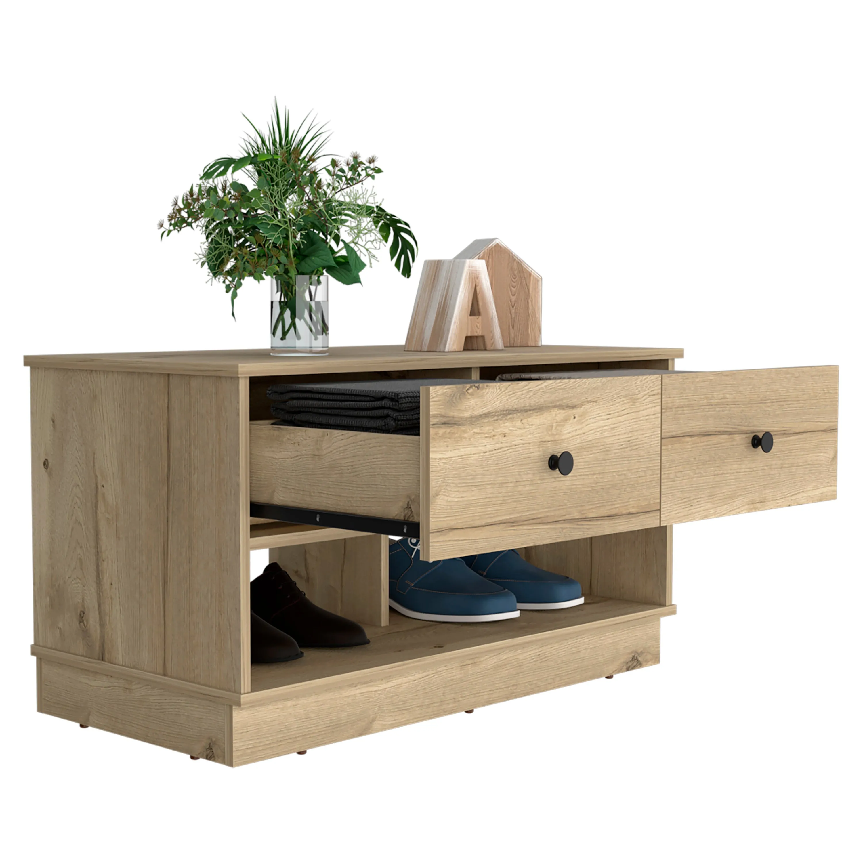 Storage Bench Beji Lower Shelf Two Drawers Light Oak