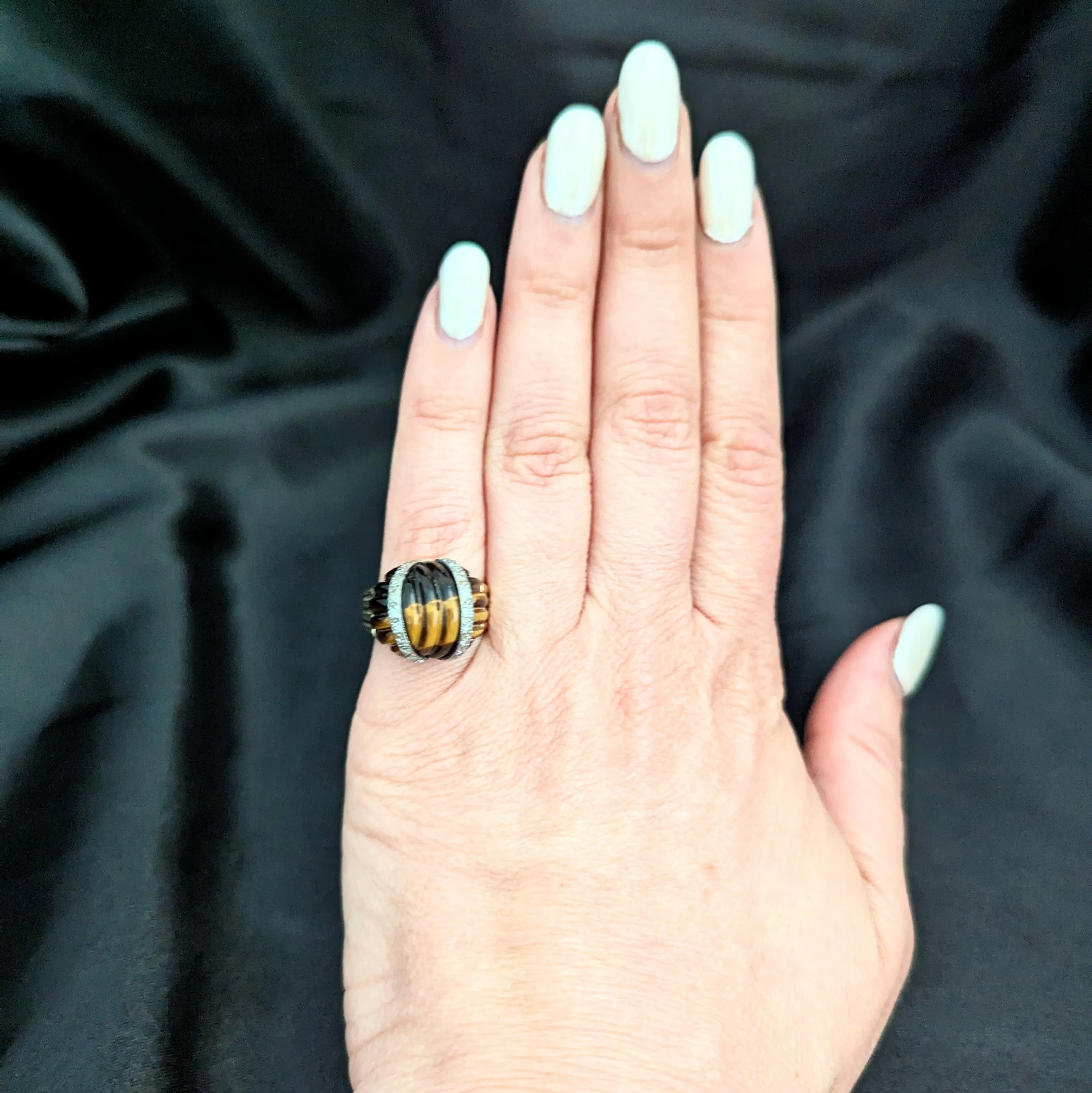 The Monfort - 1960-70s Diamond Tiger's Eye 14k Gold Cocktail Dome Ring