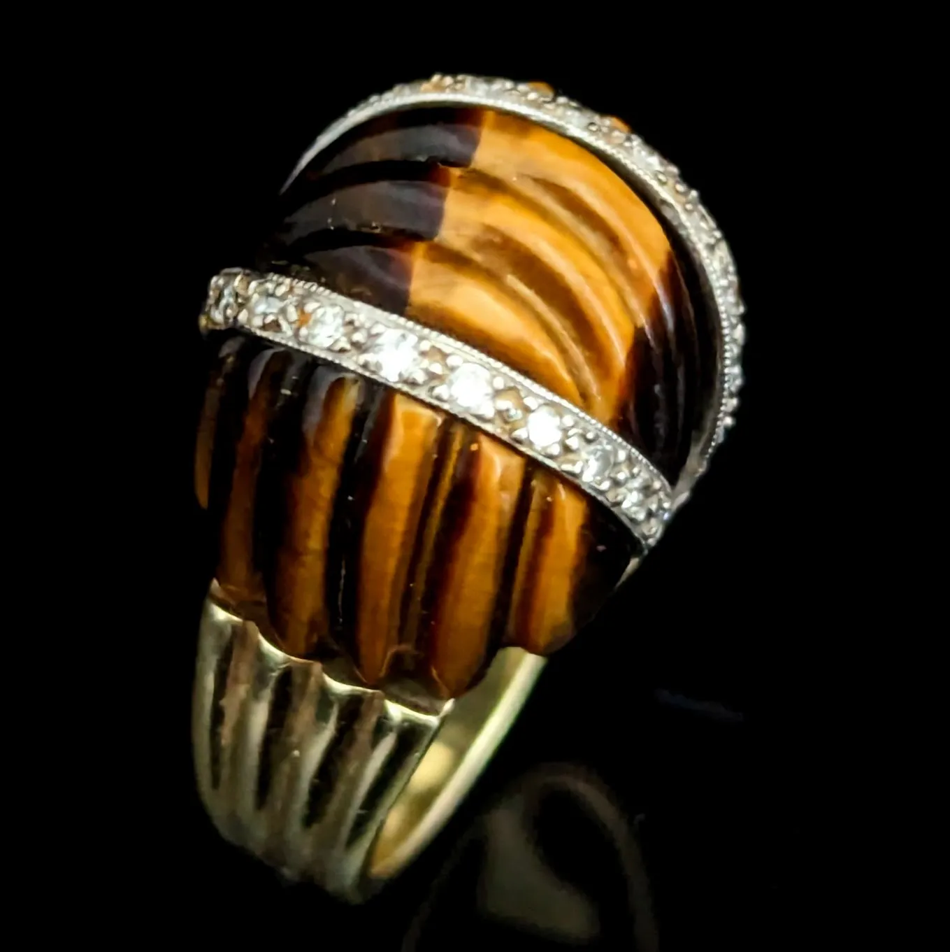 The Monfort - 1960-70s Diamond Tiger's Eye 14k Gold Cocktail Dome Ring