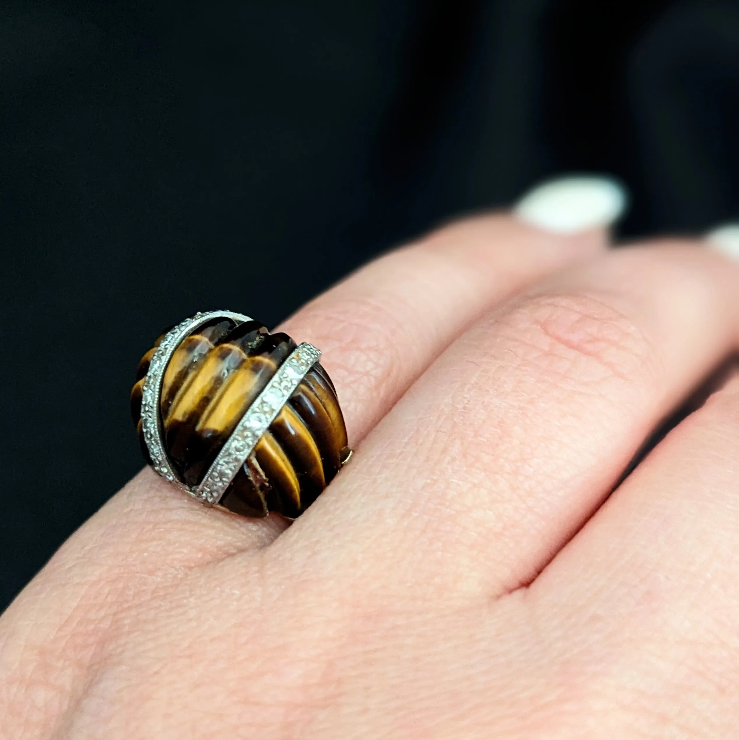 The Monfort - 1960-70s Diamond Tiger's Eye 14k Gold Cocktail Dome Ring