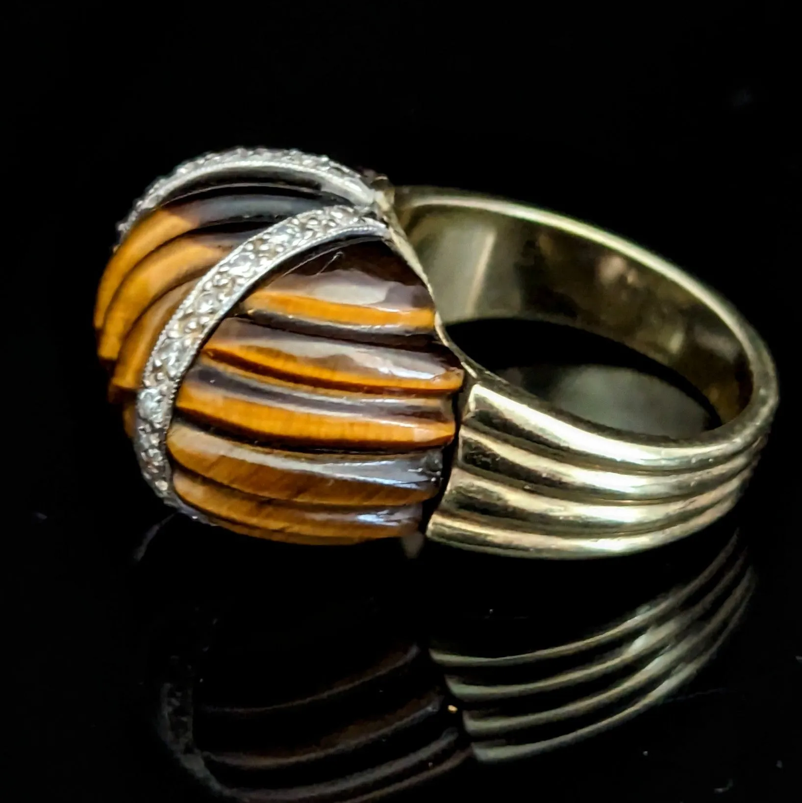 The Monfort - 1960-70s Diamond Tiger's Eye 14k Gold Cocktail Dome Ring