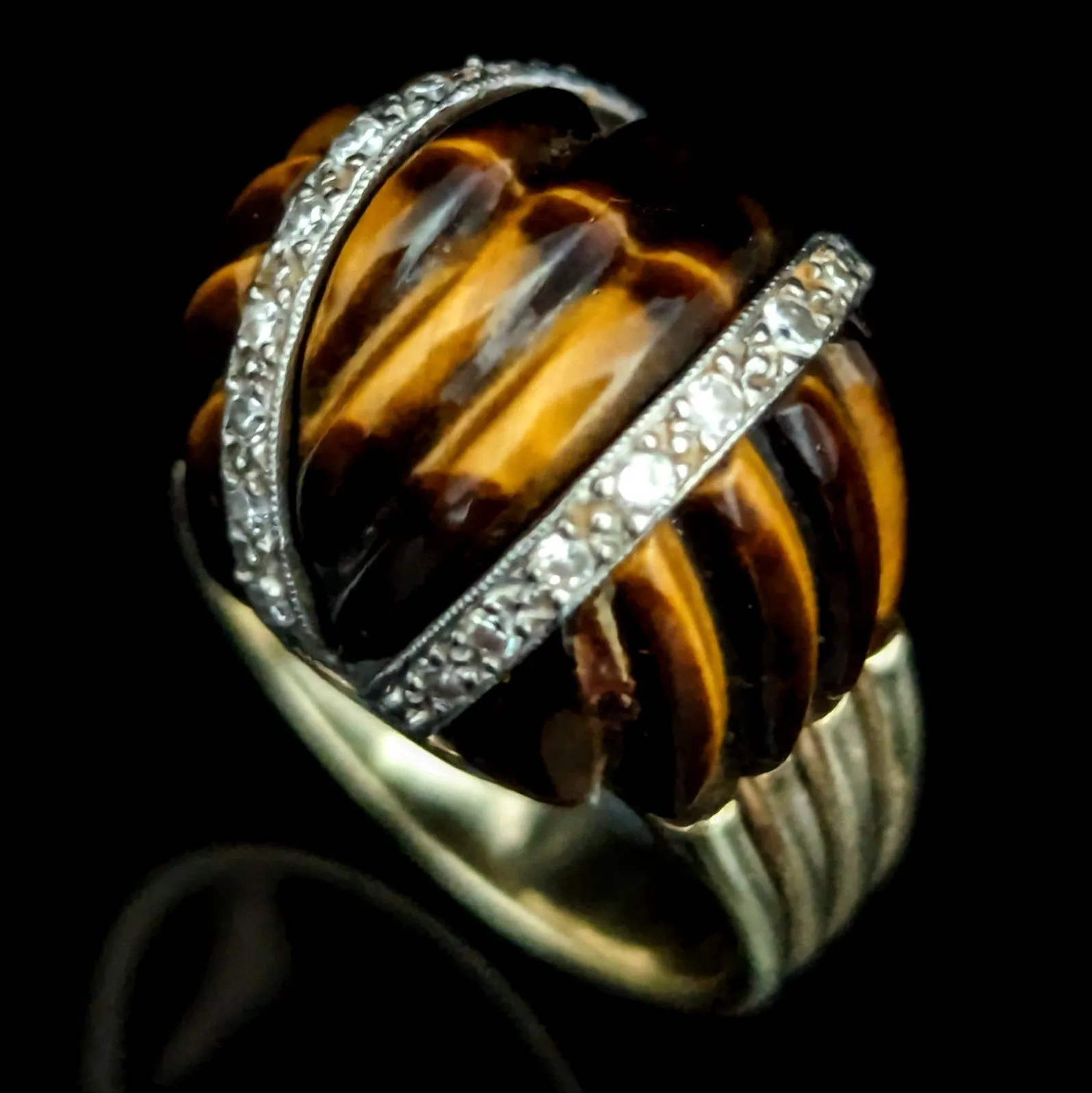 The Monfort - 1960-70s Diamond Tiger's Eye 14k Gold Cocktail Dome Ring