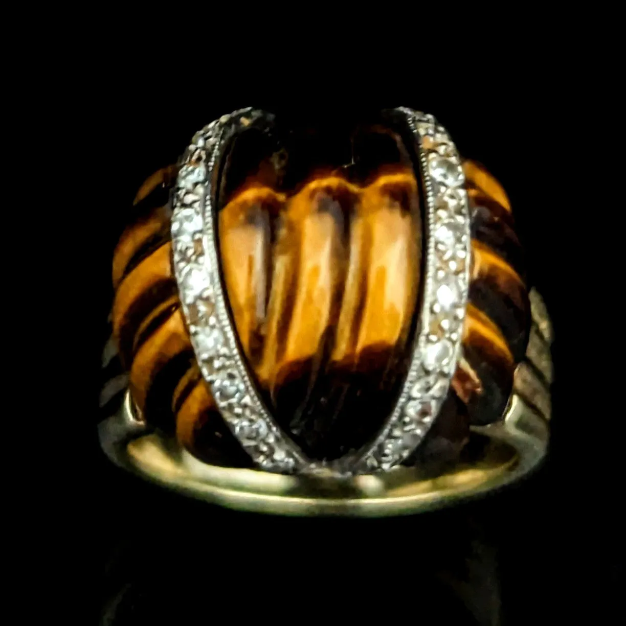 The Monfort - 1960-70s Diamond Tiger's Eye 14k Gold Cocktail Dome Ring