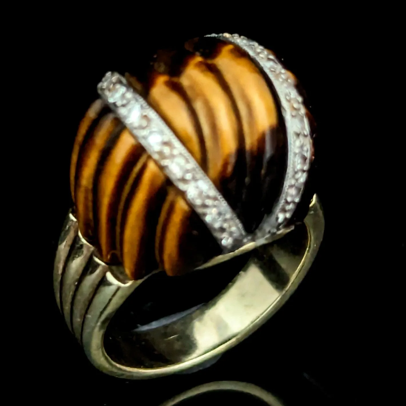 The Monfort - 1960-70s Diamond Tiger's Eye 14k Gold Cocktail Dome Ring