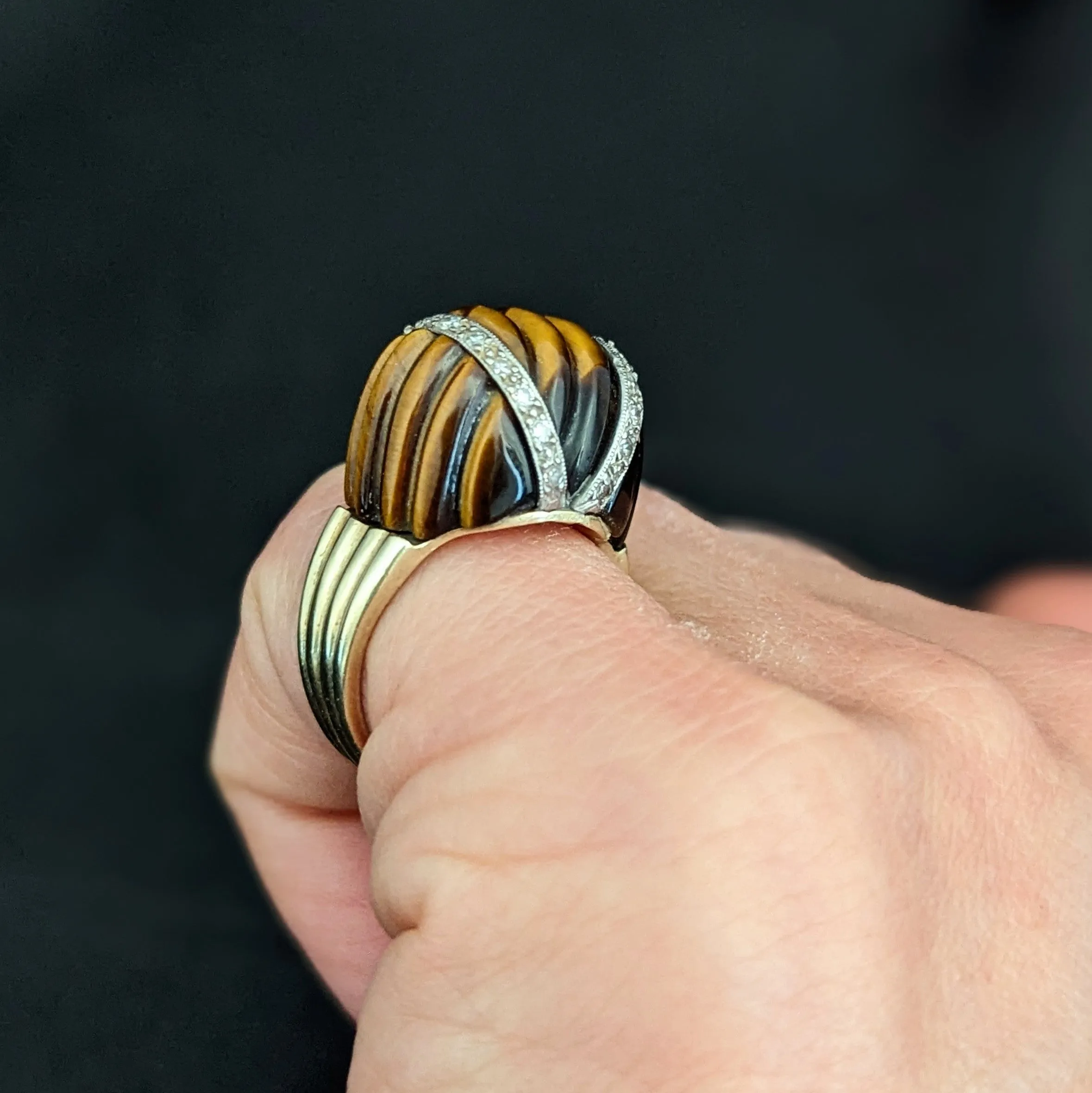 The Monfort - 1960-70s Diamond Tiger's Eye 14k Gold Cocktail Dome Ring