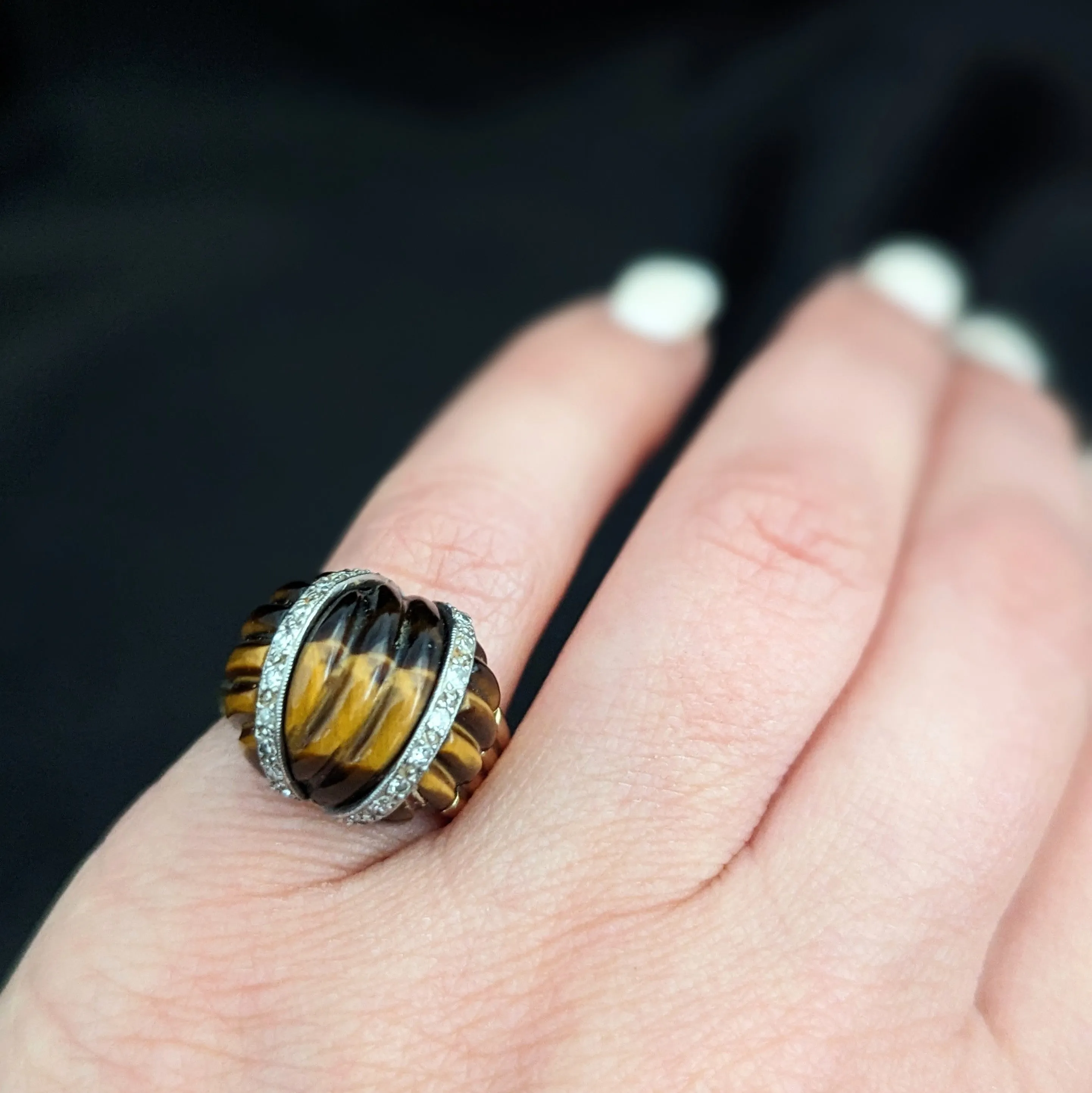 The Monfort - 1960-70s Diamond Tiger's Eye 14k Gold Cocktail Dome Ring