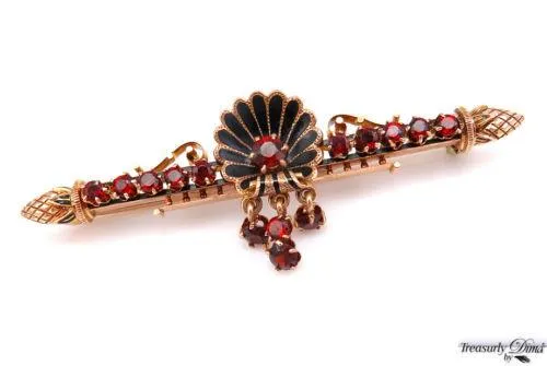 VINTAGE 2.00CT RED GARNET ENAMEL 14K YELLOW GOLD PIN BAR BROOCH