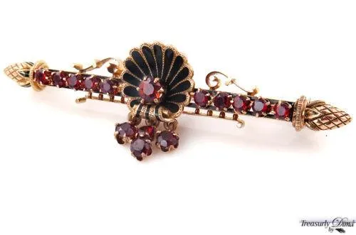 VINTAGE 2.00CT RED GARNET ENAMEL 14K YELLOW GOLD PIN BAR BROOCH