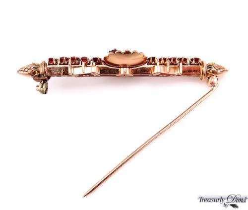 VINTAGE 2.00CT RED GARNET ENAMEL 14K YELLOW GOLD PIN BAR BROOCH