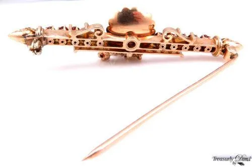 VINTAGE 2.00CT RED GARNET ENAMEL 14K YELLOW GOLD PIN BAR BROOCH