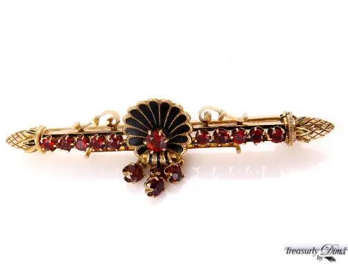 VINTAGE 2.00CT RED GARNET ENAMEL 14K YELLOW GOLD PIN BAR BROOCH