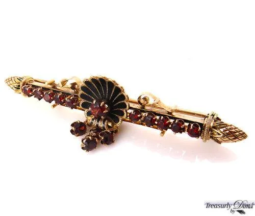 VINTAGE 2.00CT RED GARNET ENAMEL 14K YELLOW GOLD PIN BAR BROOCH